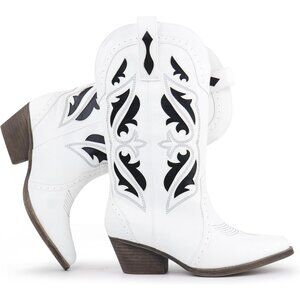Women's White Embroidered Pointed Toe Chunky Block Heel Cowgirl Western Booties